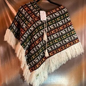 Colorful vintage indigenous Patterned Poncho with‎ Fringe. G